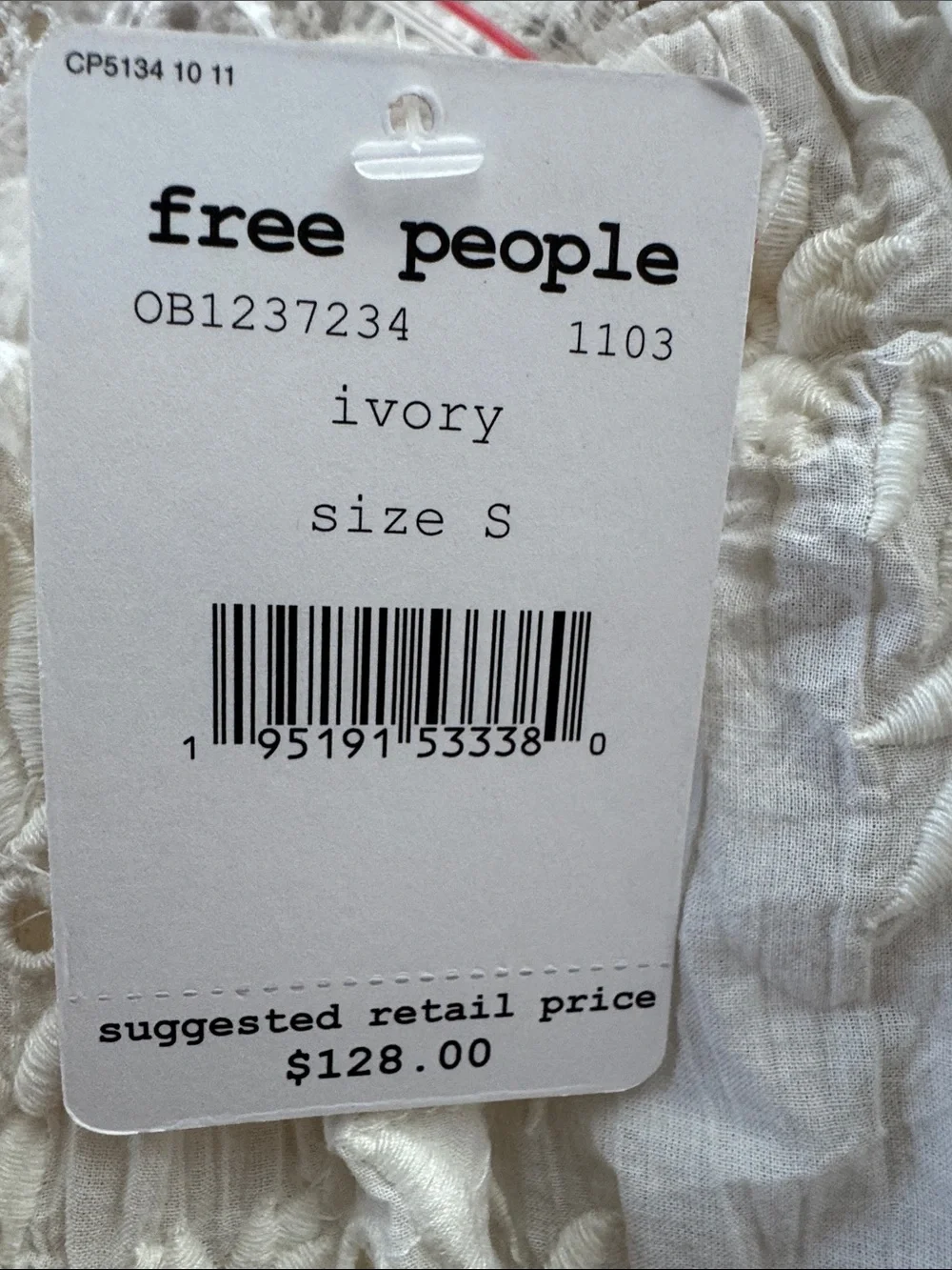 Free People White Boho Lace-Embroidered Peasant Top NWT